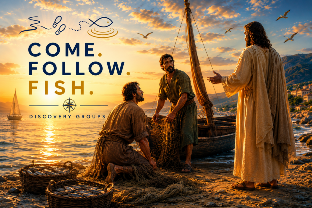 Jesus calling fishermen to follow Him at the Sea of Galilee, illustrating the Come. Follow. Fish. disciple-making and Discovery Group model based on Matthew 4:19.