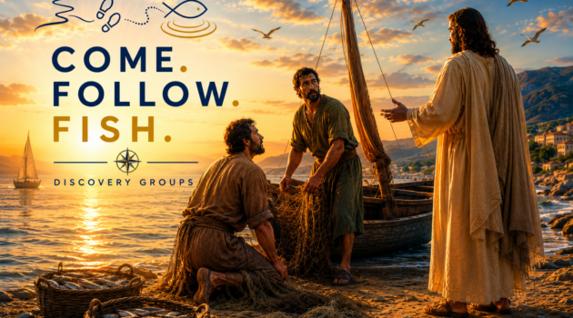 Jesus calling fishermen to follow Him at the Sea of Galilee, illustrating the Come. Follow. Fish. disciple-making and Discovery Group model based on Matthew 4:19.
