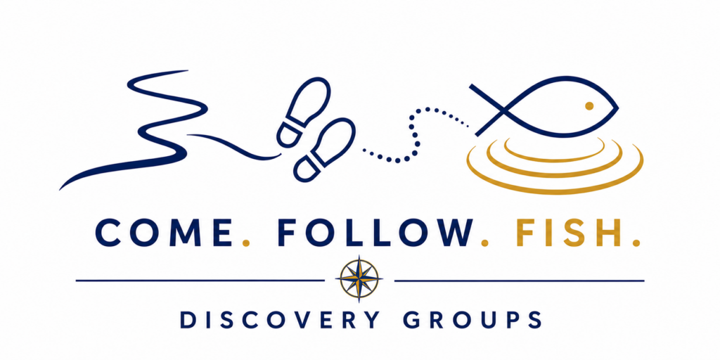 Jesus calling fishermen by the Sea of Galilee with Come Follow Fish Discovery Groups disciple-making illustration based on Matthew 4:19.