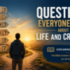 Person standing at a crossroads looking toward a sunrise with signs pointing to questions about origins, purpose, humanity, suffering, death, and hope from Genesis 1–3.