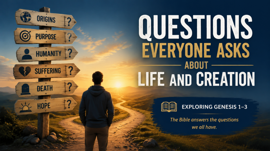 Person standing at a crossroads looking toward a sunrise with signs pointing to questions about origins, purpose, humanity, suffering, death, and hope from Genesis 1–3.