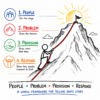 Hand-drawn People Problem Provision Respond Bible storytelling framework showing a climber using a rope to ascend a mountain toward the summit, illustrating how to understand and retell Bible stories.